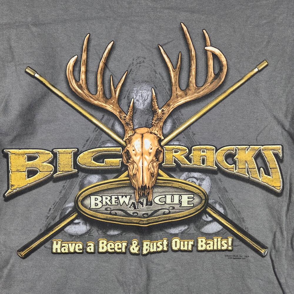 Vintage Big Racks Shirt Mens Large Gray Deer Skull Antlers Brew N Cue Funny Y2K